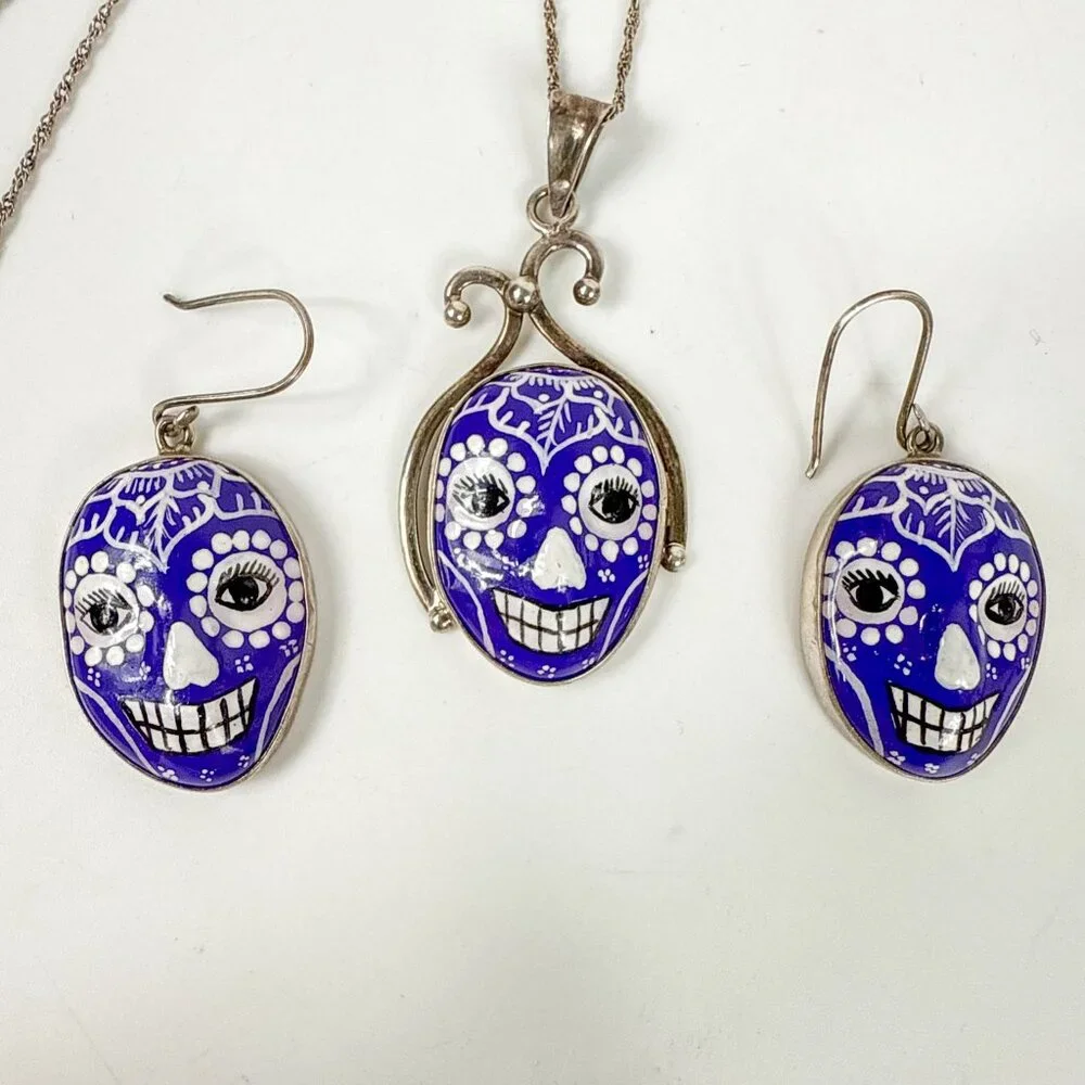 Calavera Sugar Skull Terracotta Sterling Silver Pendant Necklace Earrings Set